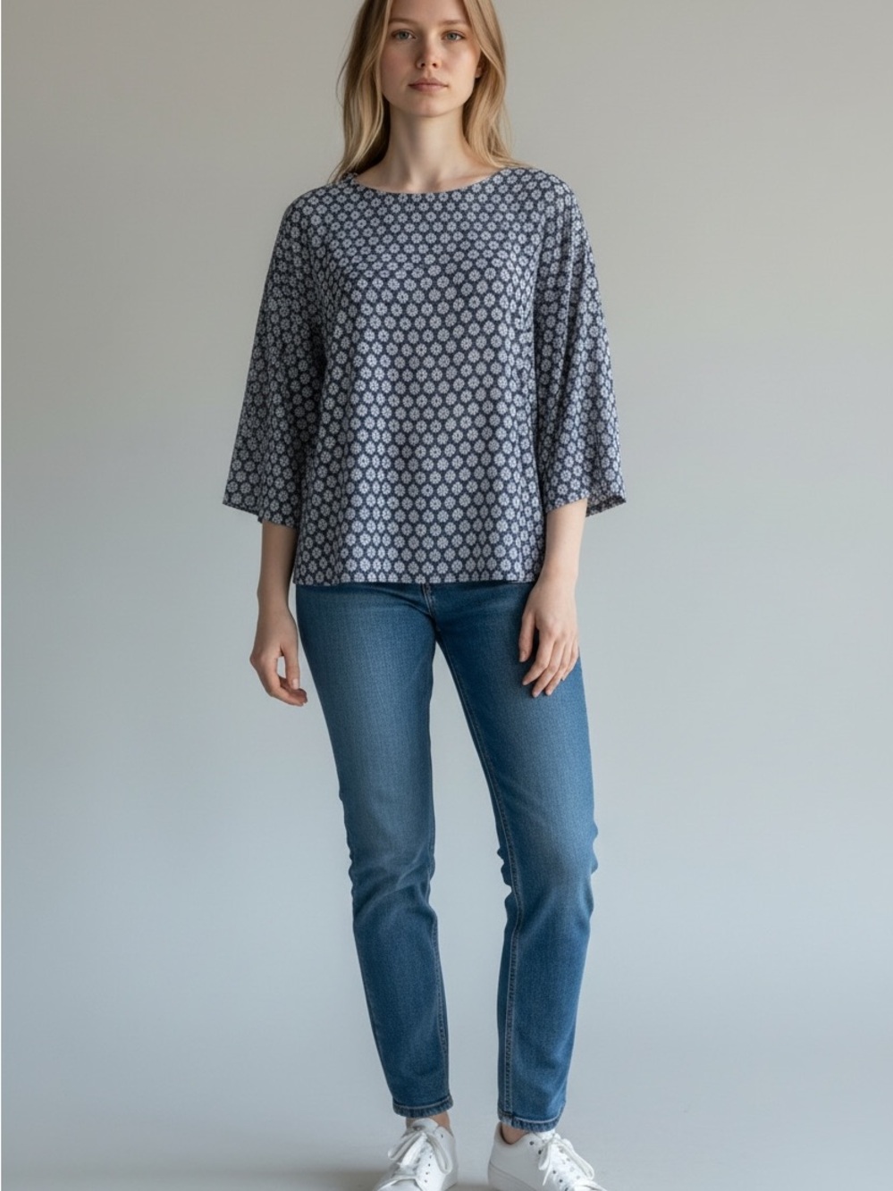 Pure Jill Navy Floral-Print Relaxed Boatneck Tunic